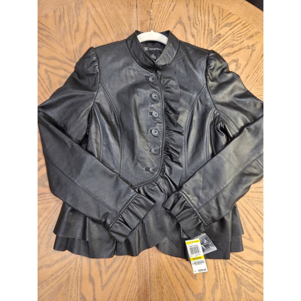 INC Black Leather Ruffle Jacket M NWT Soft Edgy Feminine Moto